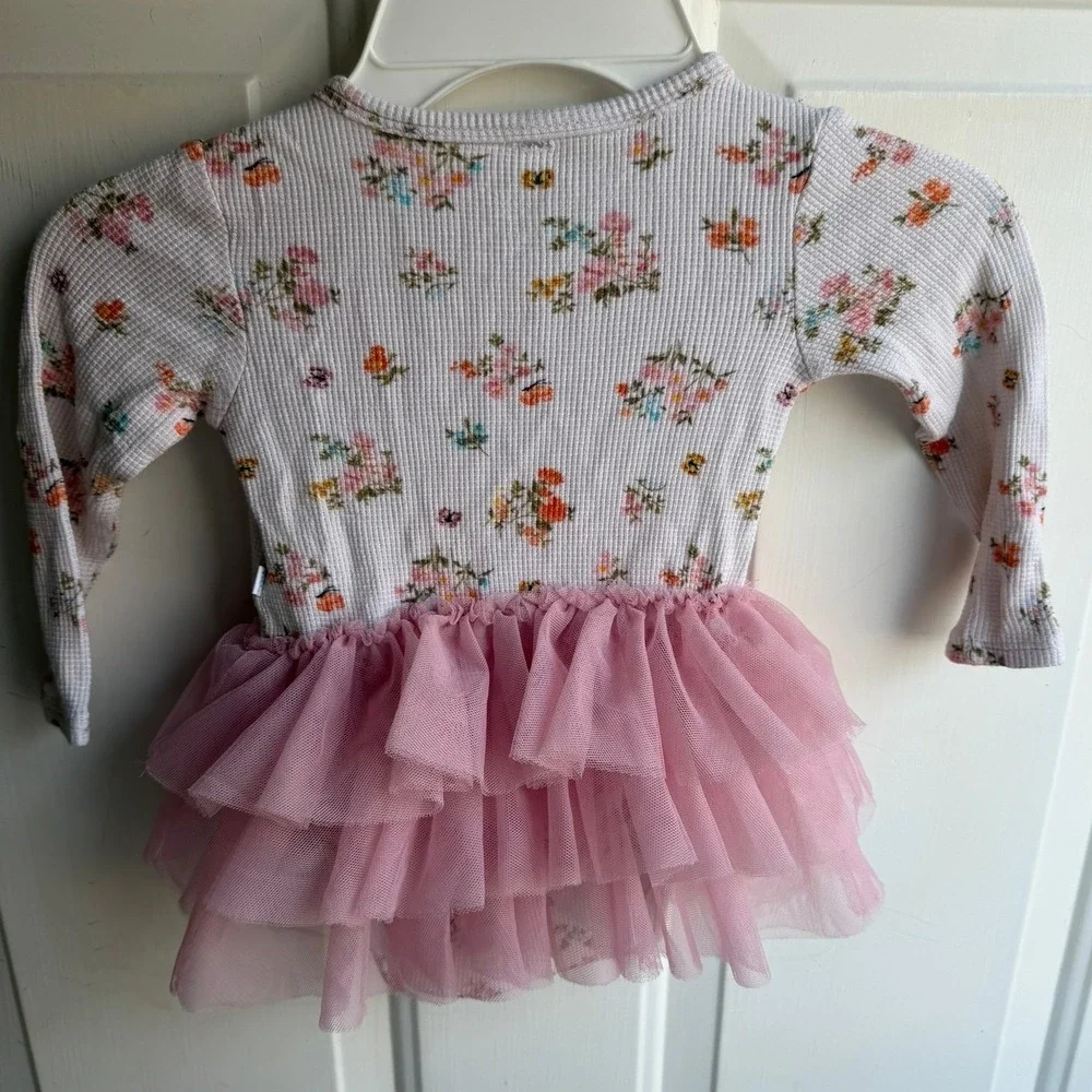 Posh Peanut Baby Girls Long Sleeve Tulle Tutu Floral Bodysuit in Clemence 12/18M